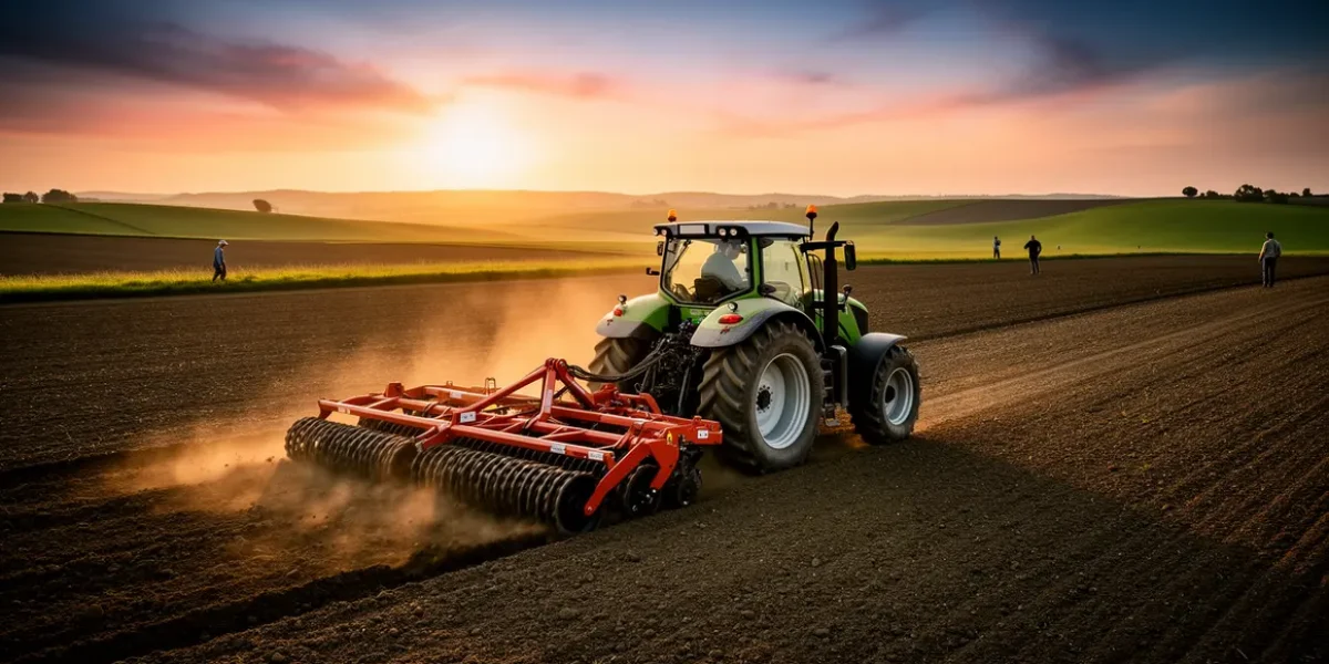 herse rotative au centre d'un champ avec tracteur au coucher de soleil
