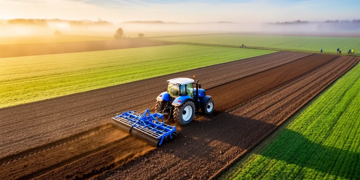 herse rotative en action sur parcelle agricole