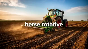 champ avec tracteur et herse rotative en action