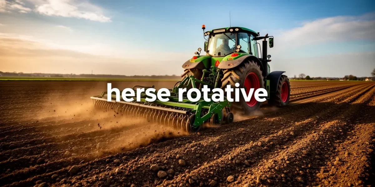 champ avec tracteur et herse rotative en action