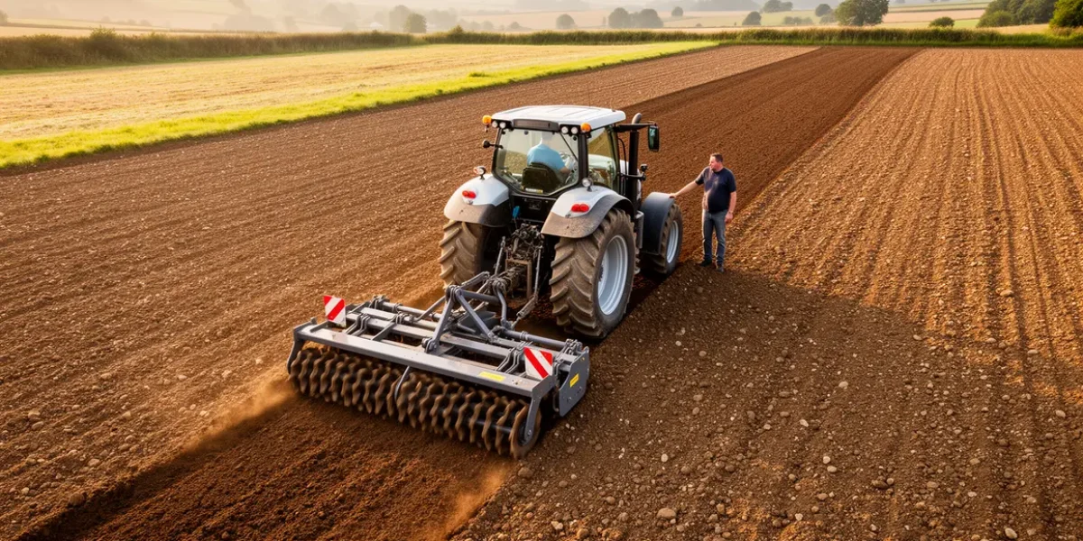 herse rotative agricole sur sol prepare vue drone