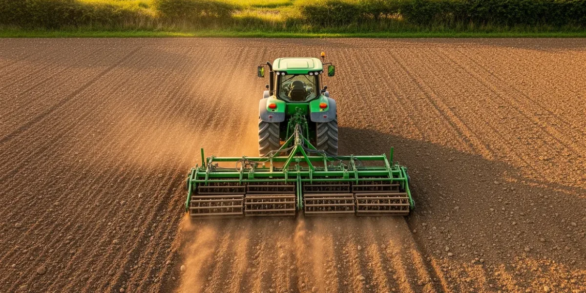 Tracteur avec herse rotative sur sol aeré et homogene