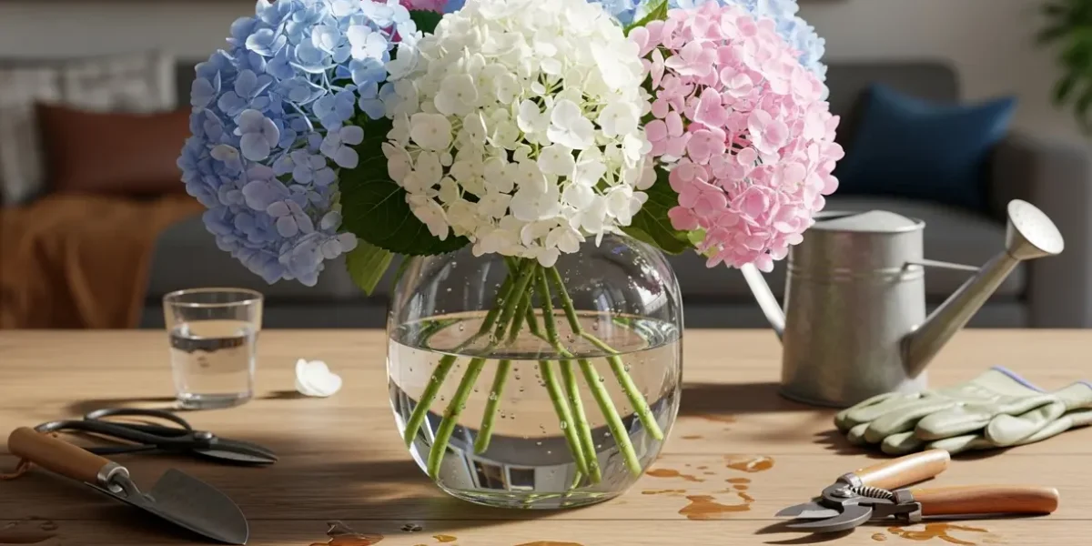 bouquet hortensia frais dans vase transparent avec outils jardin
