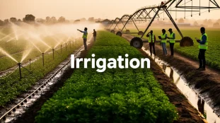 champ avec irrigation moderne aspersion goutte-a-goutte pivot gravitaire