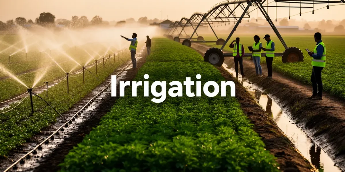 champ avec irrigation moderne aspersion goutte-a-goutte pivot gravitaire