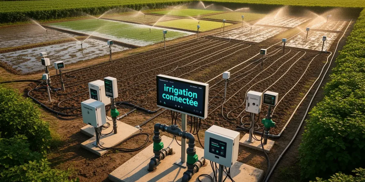 irrigation connectee sur exploitation agricole moderne avec capteurs