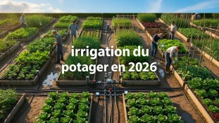 Vue aérienne d’un potager 2026 avec irrigation moderne et capteurs