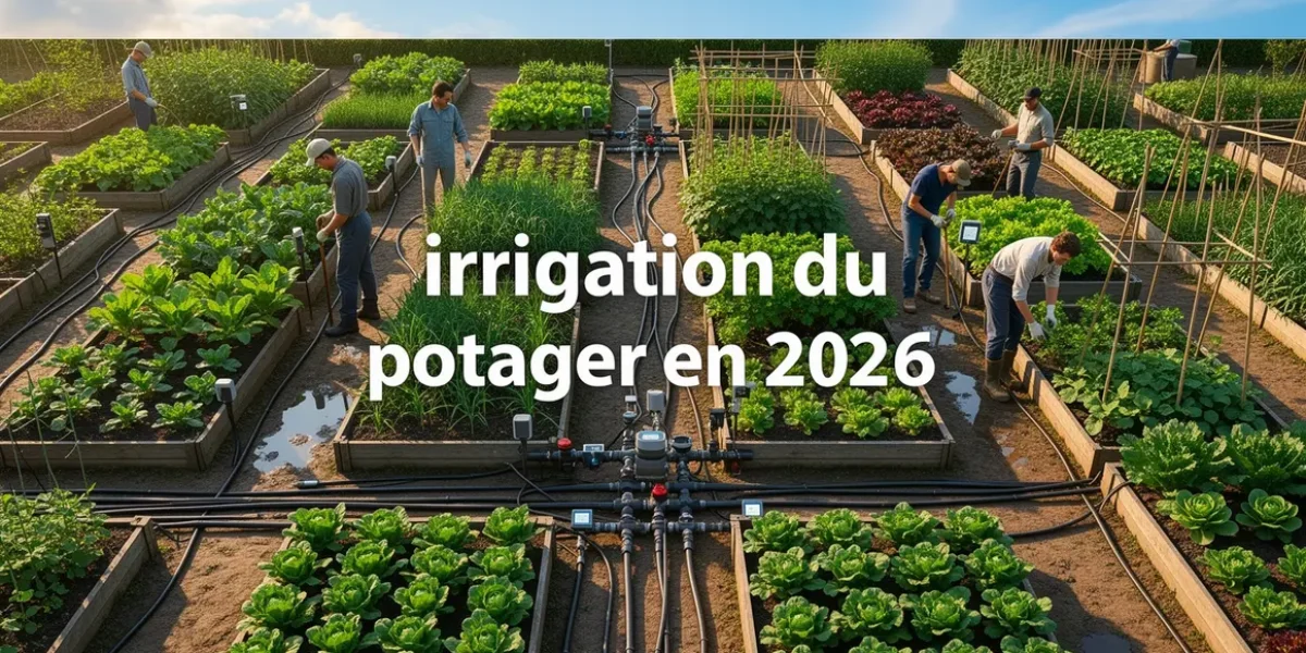 Vue aérienne d’un potager 2026 avec irrigation moderne et capteurs