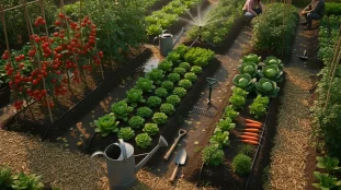 potager verdoyant avec systemes d'irrigation goutte à goutte et arrosoir