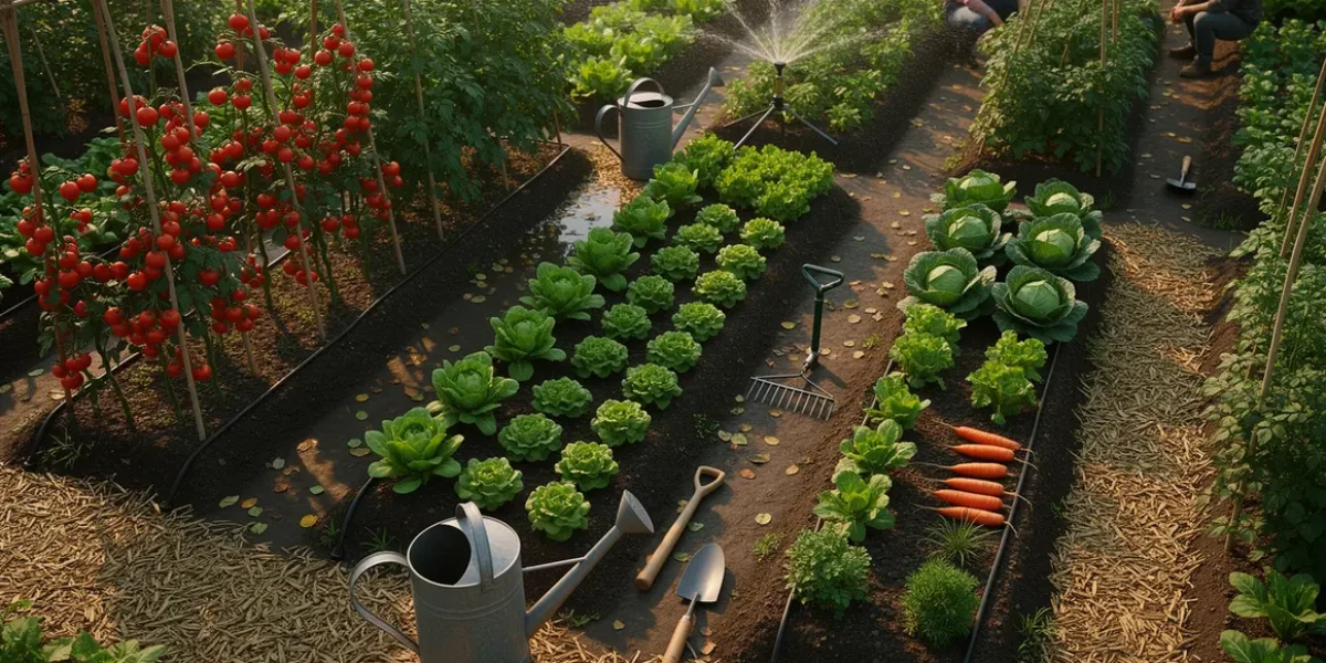 potager verdoyant avec systemes d'irrigation goutte à goutte et arrosoir