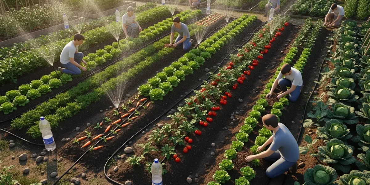 potager avec systèmes d'irrigation économes, silhouettes, légumes