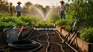 potager avec systèmes d’irrigation modernes et goutte-à-goutte