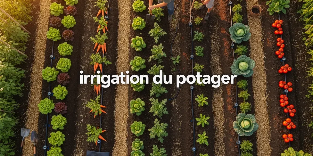 Vue aérienne d'un potager avec irrigation goutte-à-goutte et paillage
