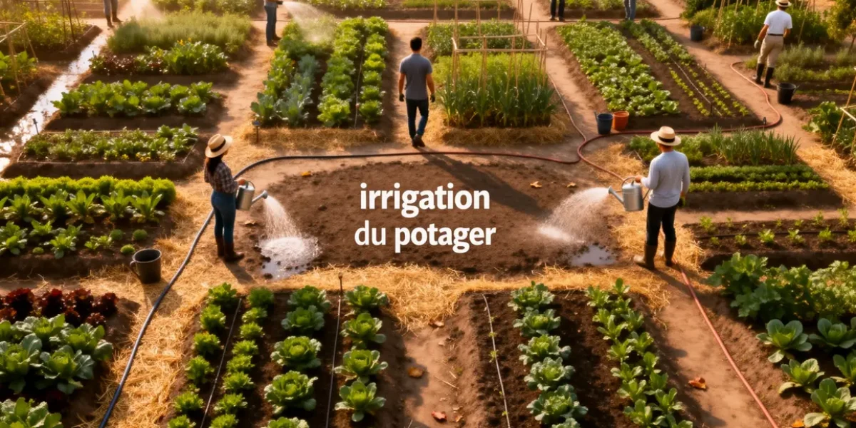 Vue aérienne d’un potager organisé avec irrigation