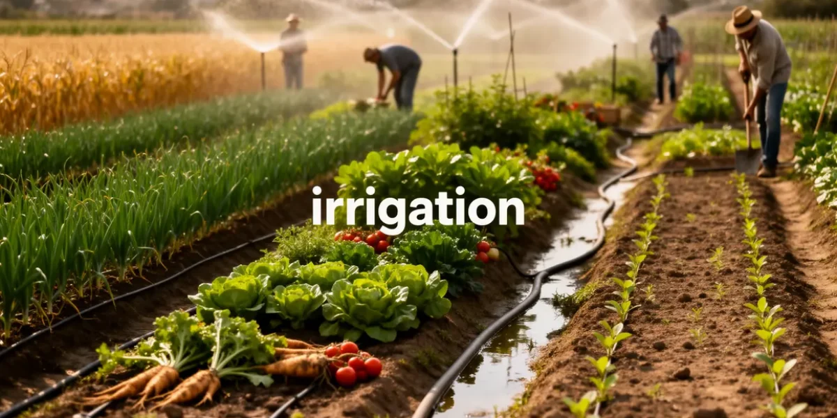 Parcelle agricole avec systèmes irrigation et cultivateurs
