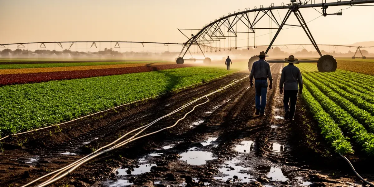Exploitation agricole moderne avec systemes d'irrigation visibles