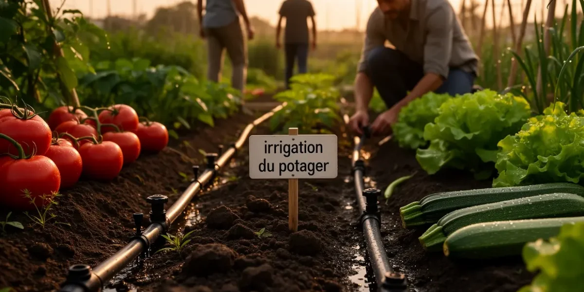 Scène d'irrigation potager en soirée avec goutte-à-goutte