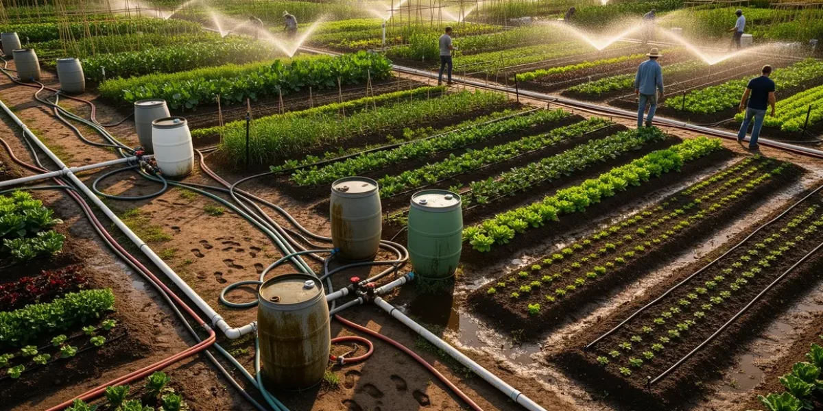 Vue aerienne d'un potager avec irrigation goutte a goutte et eau de pluie