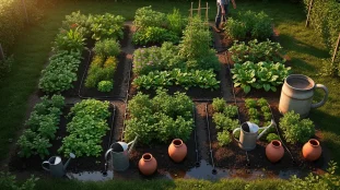 Vue générale irrigation potager avec goutte à goutte oyas et arrosoir