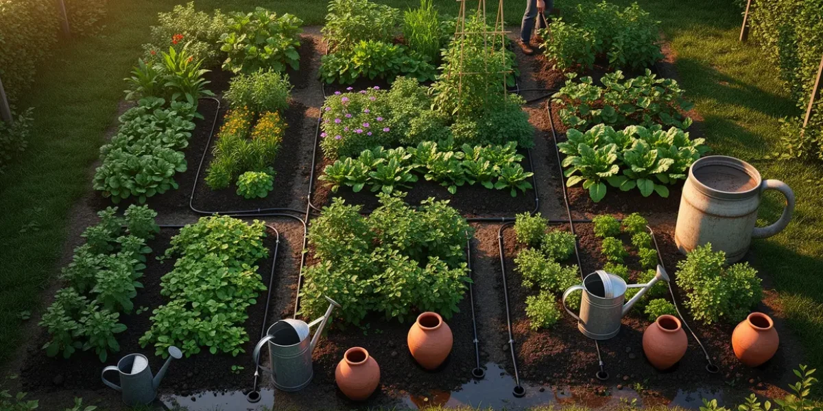 Vue générale irrigation potager avec goutte à goutte oyas et arrosoir