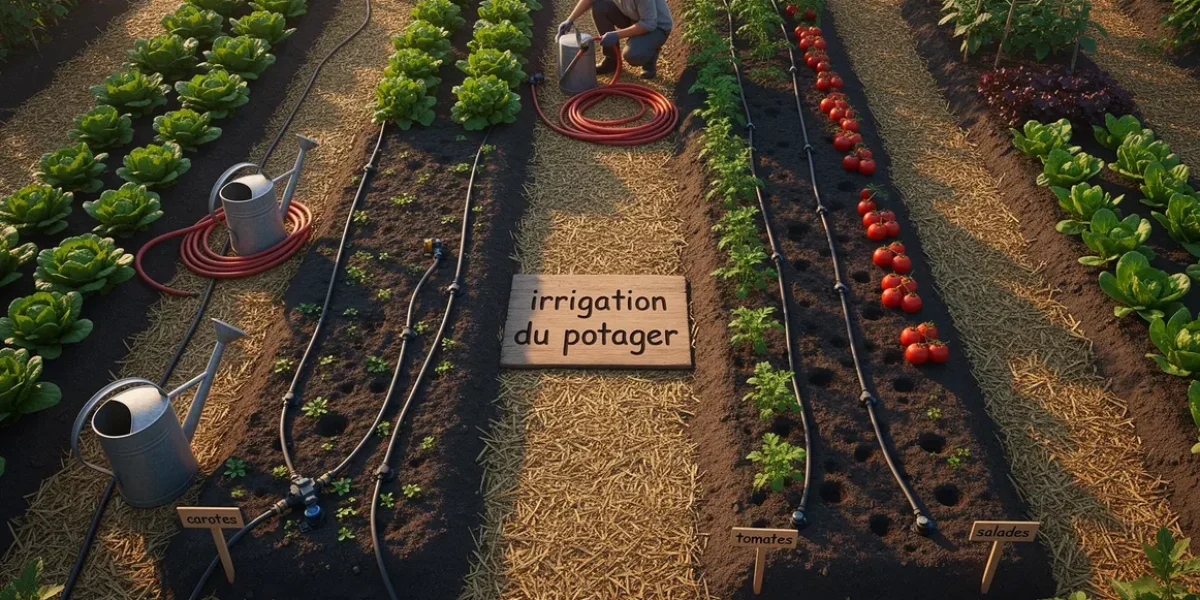 grande vue potager irrigation lignes legumes paillage goutte a goutte