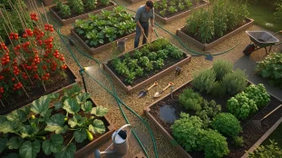 irrigation potager vue aérienne avec systèmes automatiques et manuels