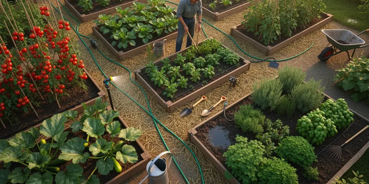 irrigation potager vue aérienne avec systèmes automatiques et manuels