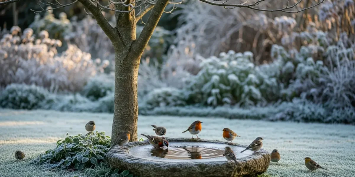 Oiseaux autour abreuvoir eau sous arbre jardin hiver