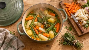 Jardini7re de legumes fumante, cuisson par étapes sans bouillie