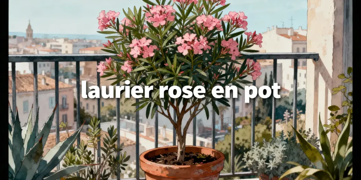 Illustration laurier rose en pot sur balcon urbain