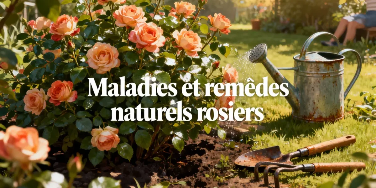 rosiers en fleurs avec outils et texte maladies remèdes naturels