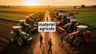 matériel agricole ferme vue aérienne tracteurs moissonneuses broyeurs