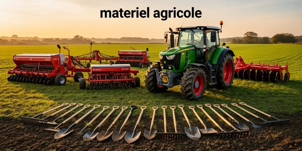 Matériel agricole, tracteur et outils sur champ moderne
