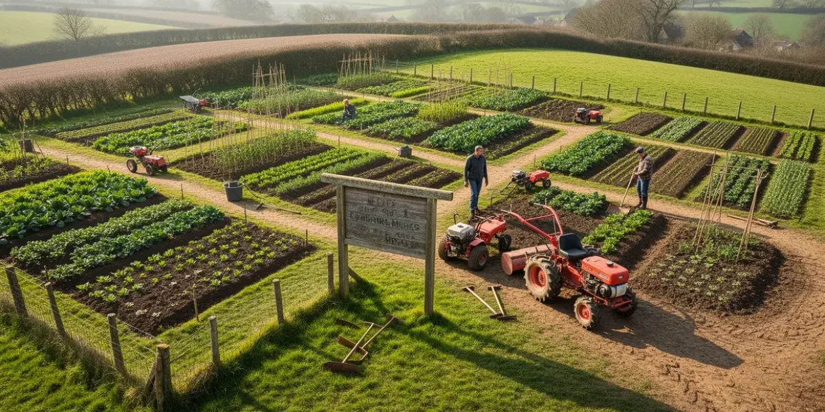 vue aerienne exploitation avec materiel agricole, outils manuels et machines