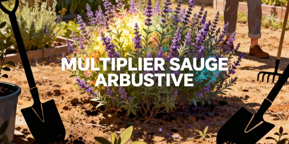 Vue sauge arbustive en fleurs outils jardinage