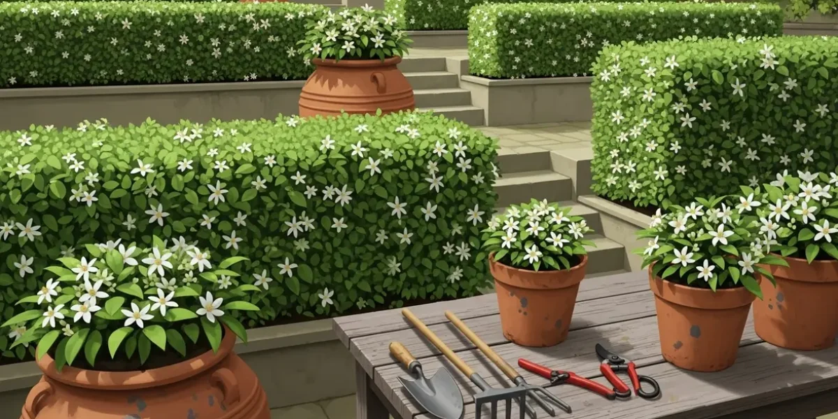 oranger du Mexique en haie et pot dans un jardin écologique
