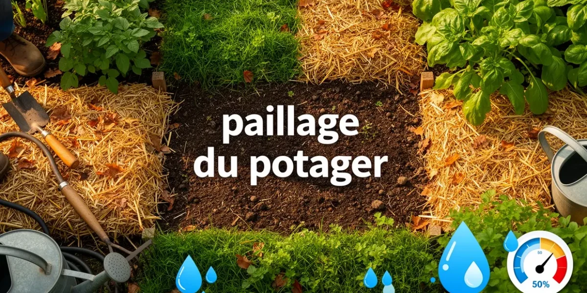 Potager luxuriant recouvert de paillis organique, économie d’eau, outils jardinage