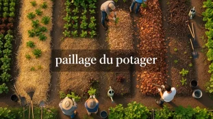 potager vue aérienne paillage paille feuilles BRF outils