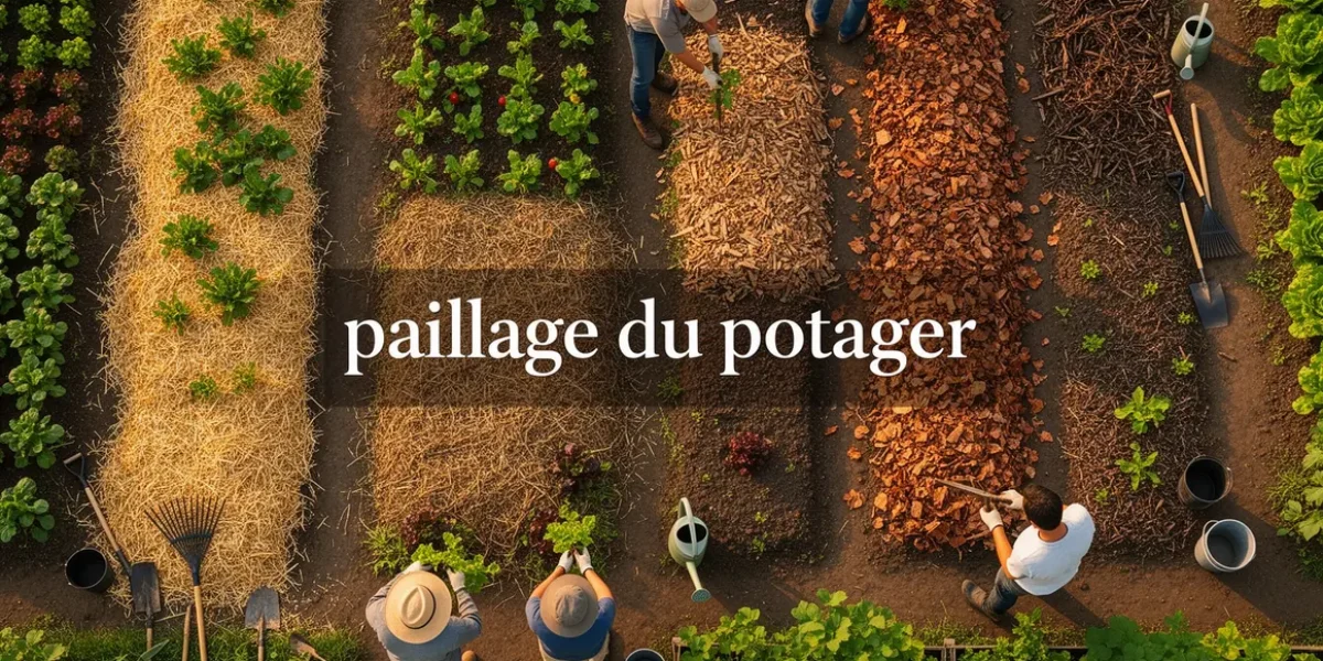 potager vue aérienne paillage paille feuilles BRF outils