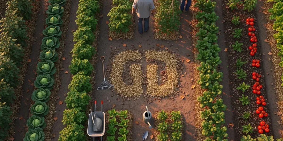 Vue aerienne d'un potager paillage du potager outils rangs legumes