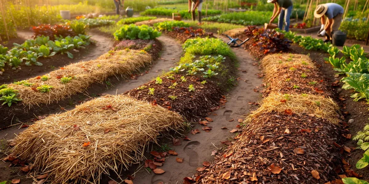 potager paillé avec paille copeaux feuilles vue aérienne