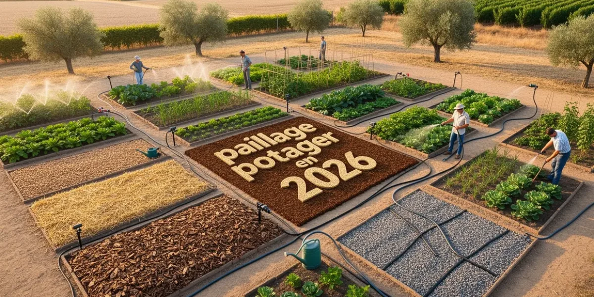 vue aerienne paillage potager 2026 parcelles irrigation