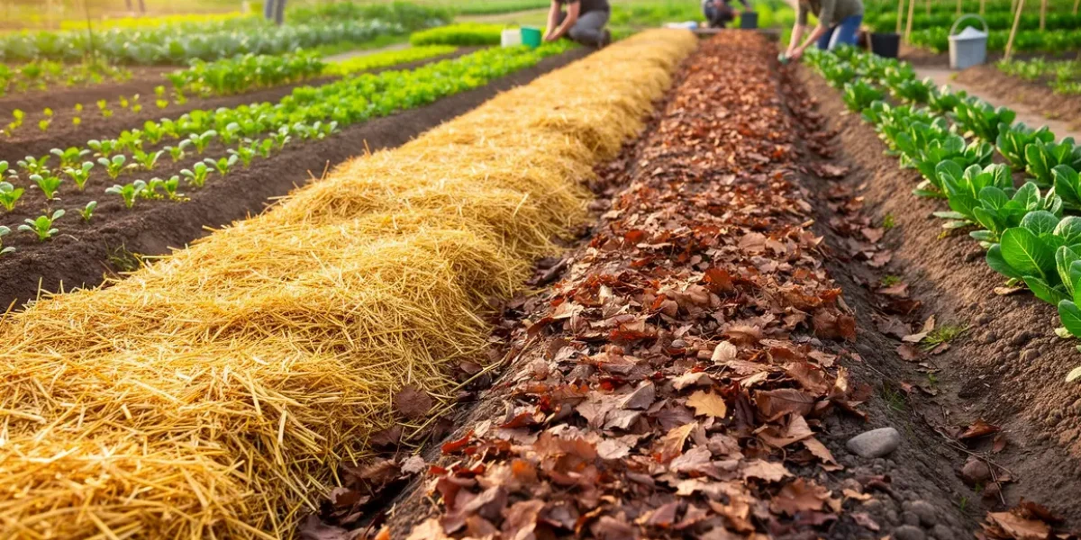 Vue d'un potager avec différents paillis naturels