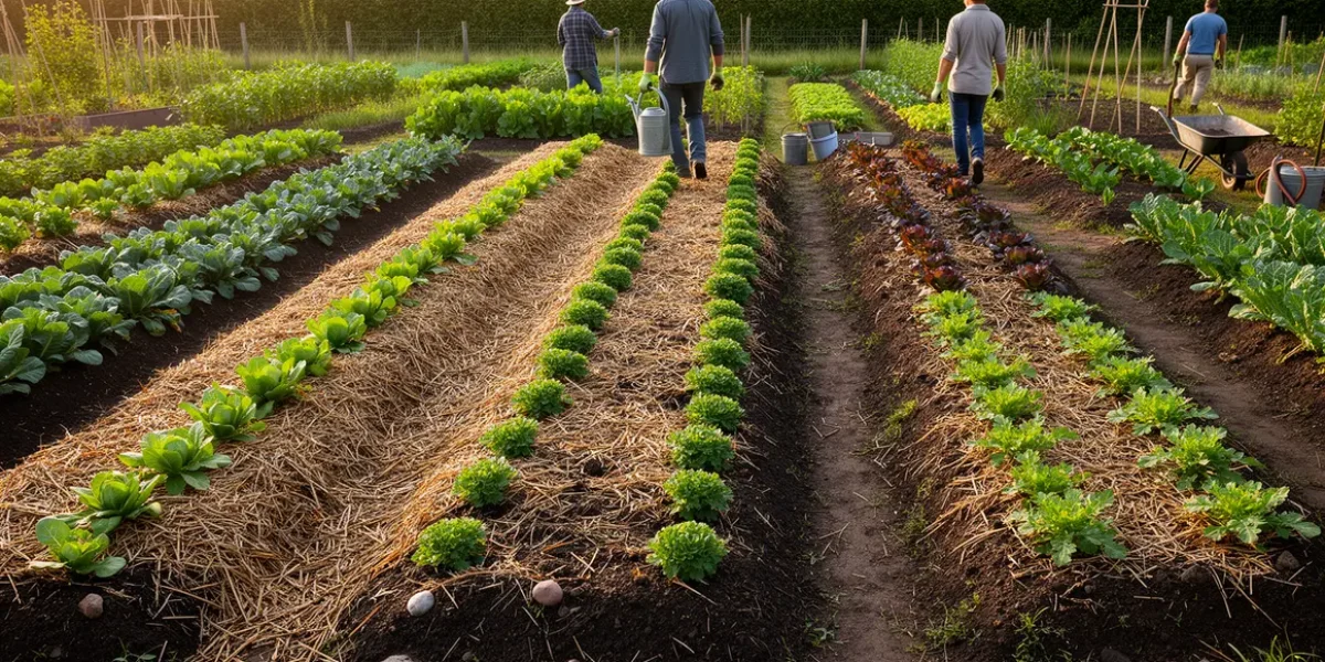 Paillage potager bio avec légumes et paillis organique