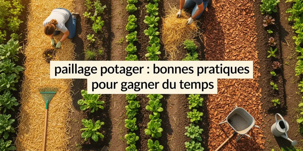 vue d'ensemble potager permaculture avec paillage et outils