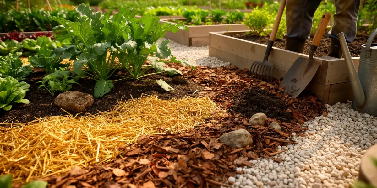 potager paillage materiaux epaisseur vue photorealiste