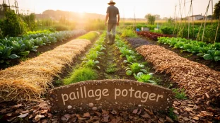 potager avec paillage naturel et jardinier
