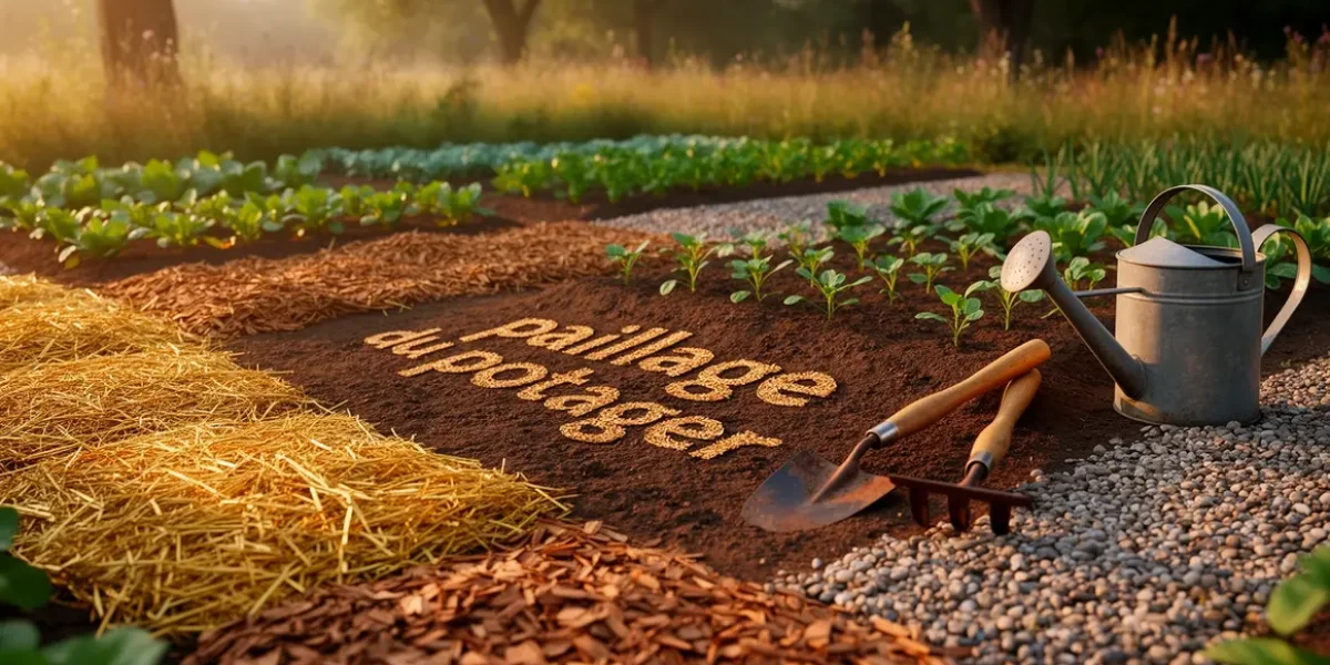 Potager en pleine nature paillé paille foin copeaux graviers