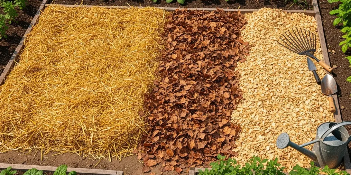 Vue aérienne d'un potager paillé avec différents paillis