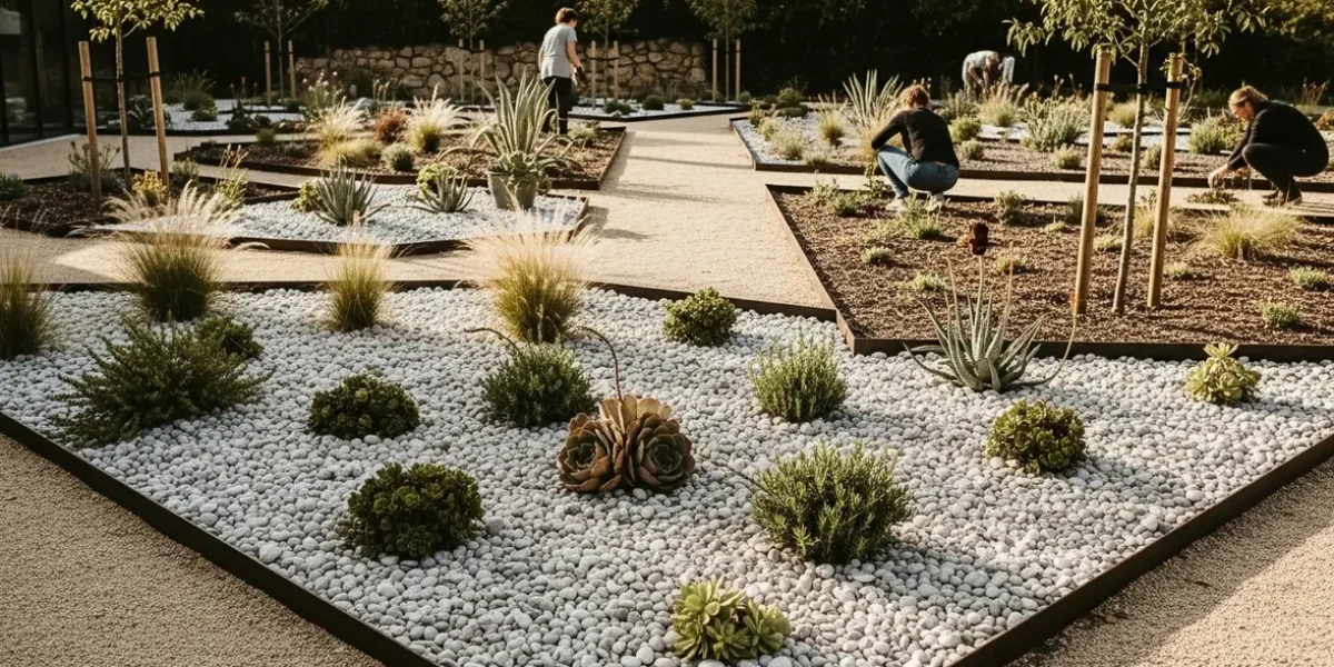 Parterre minéral moderne avec cailloux blanc et gris, plantes résistantes